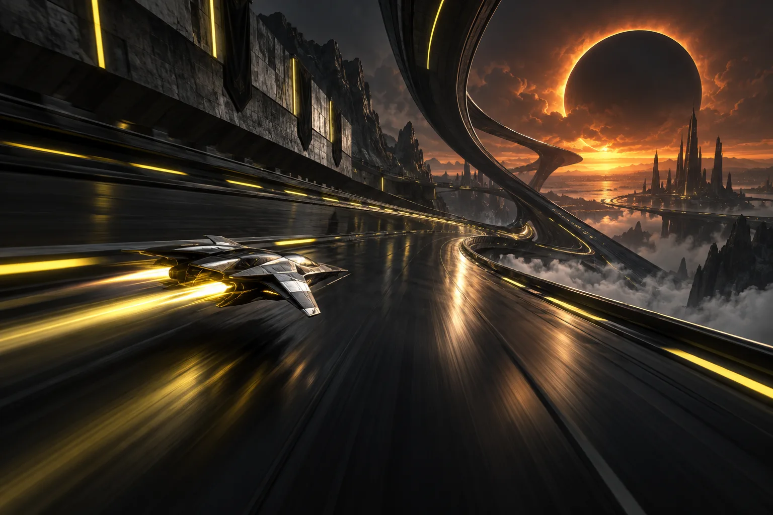 A silver racing craft on a dark elevated highway under an eclipsed sun